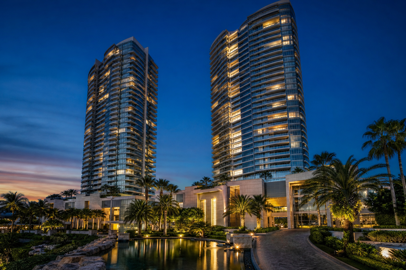 Twin luxury condominium towers at dusk