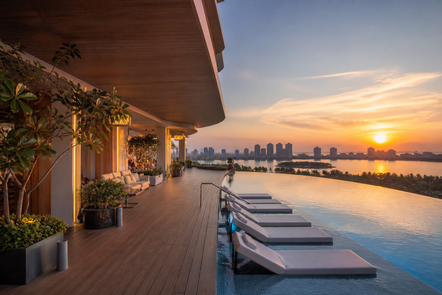 Infinity pool and sky lounge at a luxury condominium
