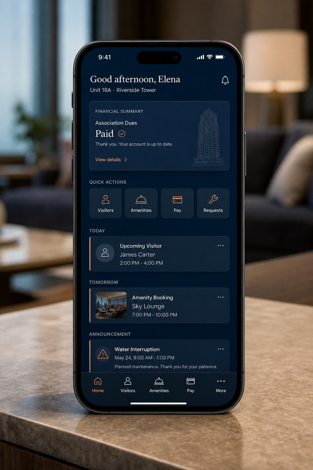 Resident home feed with visitors, amenities, and payments