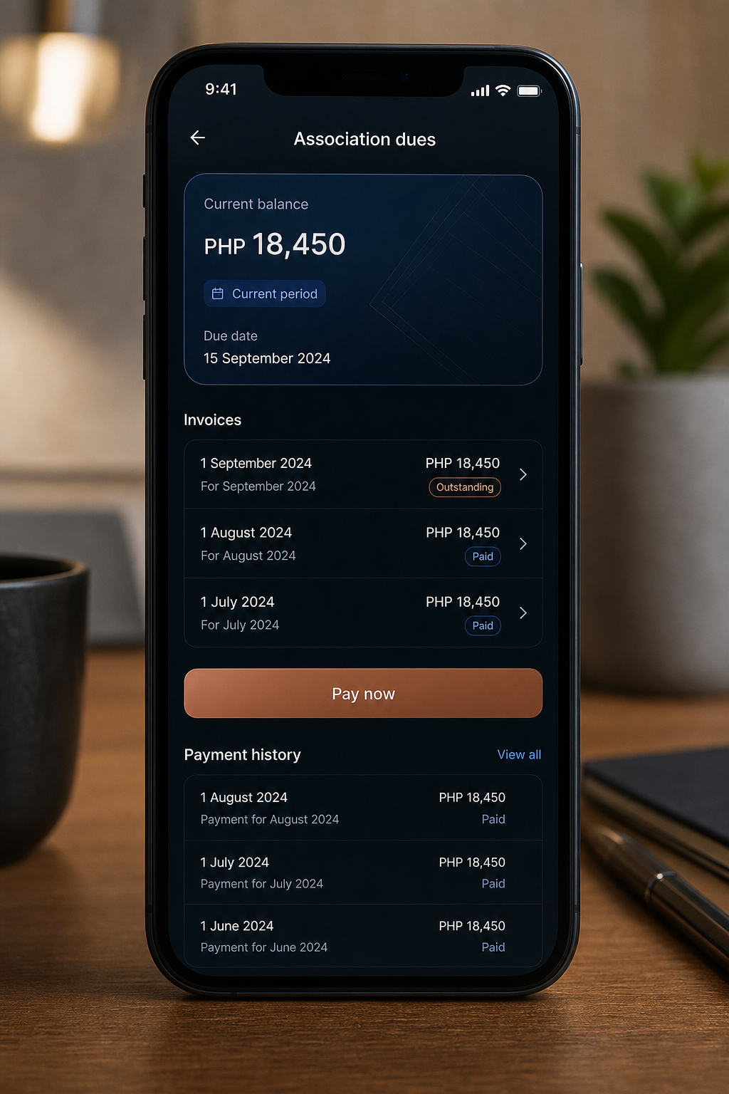 Association dues and pay screen on the resident app