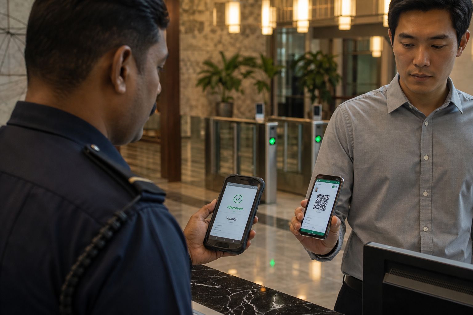 Security officer validating a visitor QR pass in the lobby