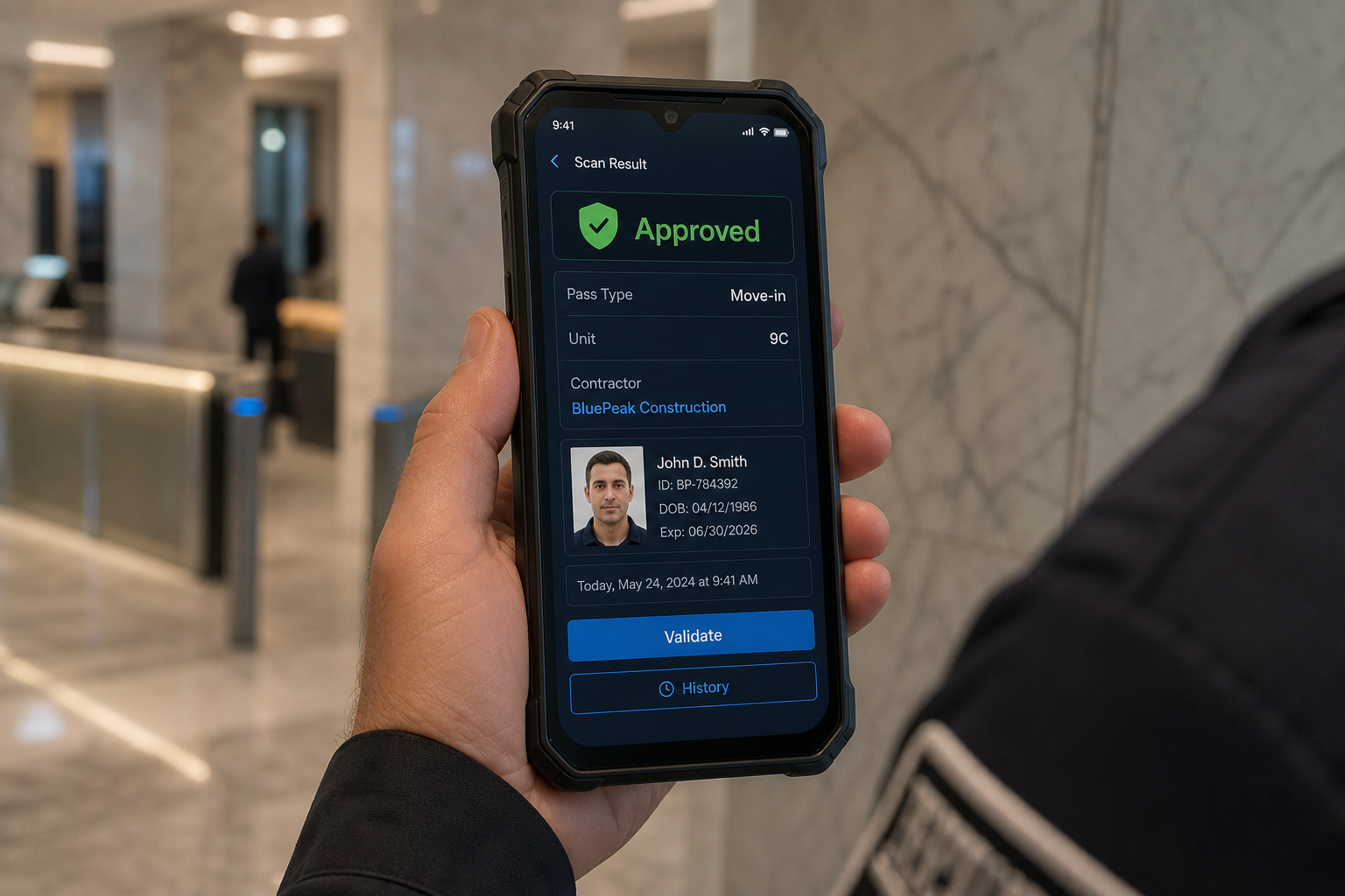 Staff app showing an approved move-in pass scan